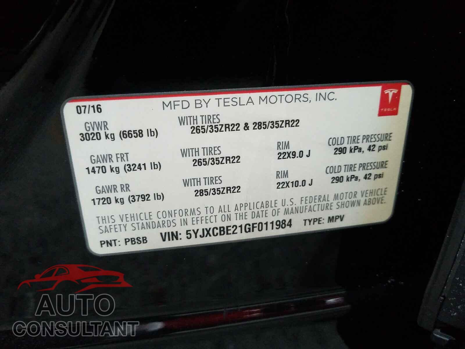 TESLA MODEL X 2016 - 5YJXCBE21GF011984