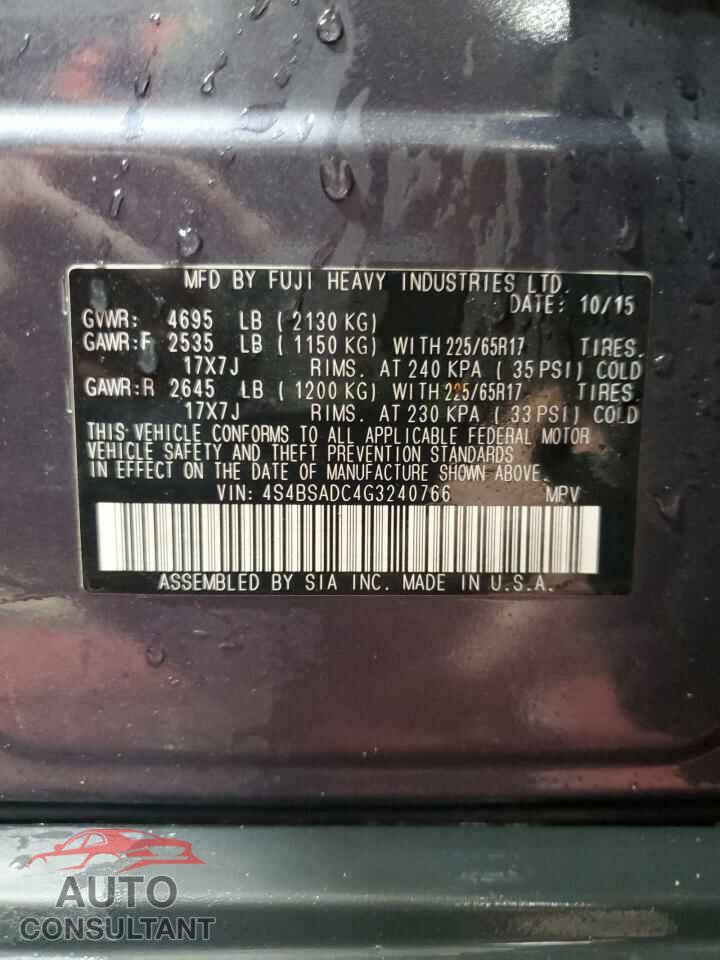 SUBARU OUTBACK 2016 - 4S4BSADC4G3240766
