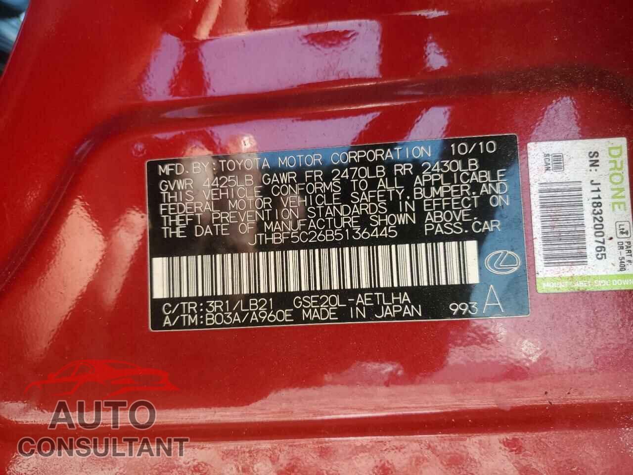 LEXUS IS 2011 - JTHBF5C26B5136445