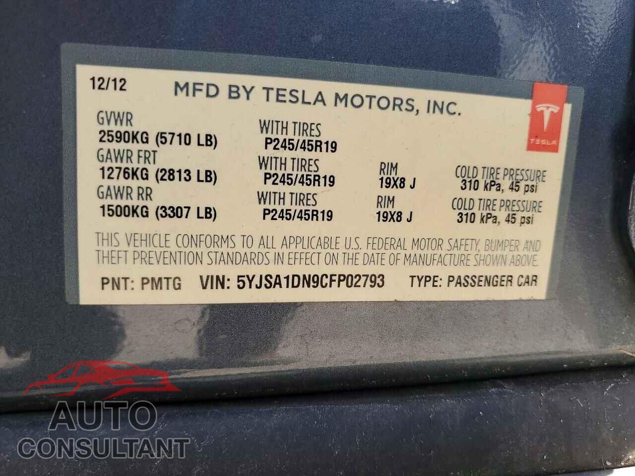 TESLA MODEL S 2012 - 5YJSA1DN9CFP02793