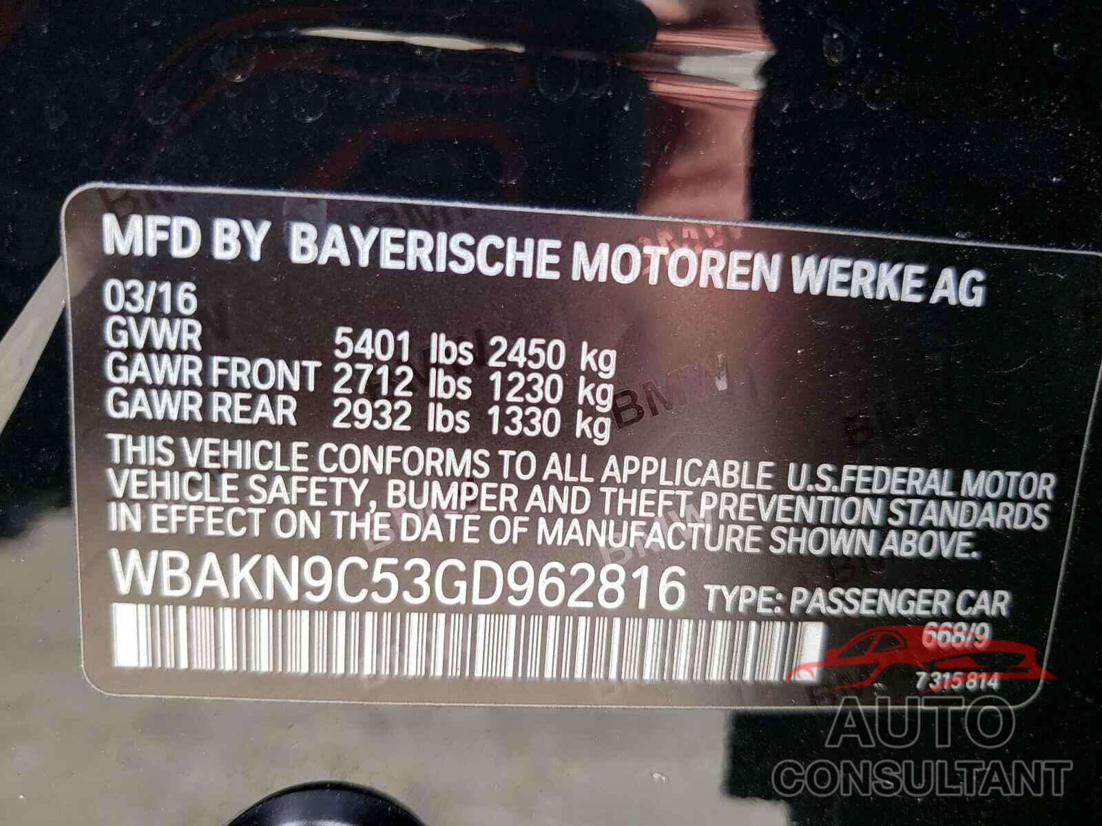 BMW 5 SERIES 2016 - WBAKN9C53GD962816