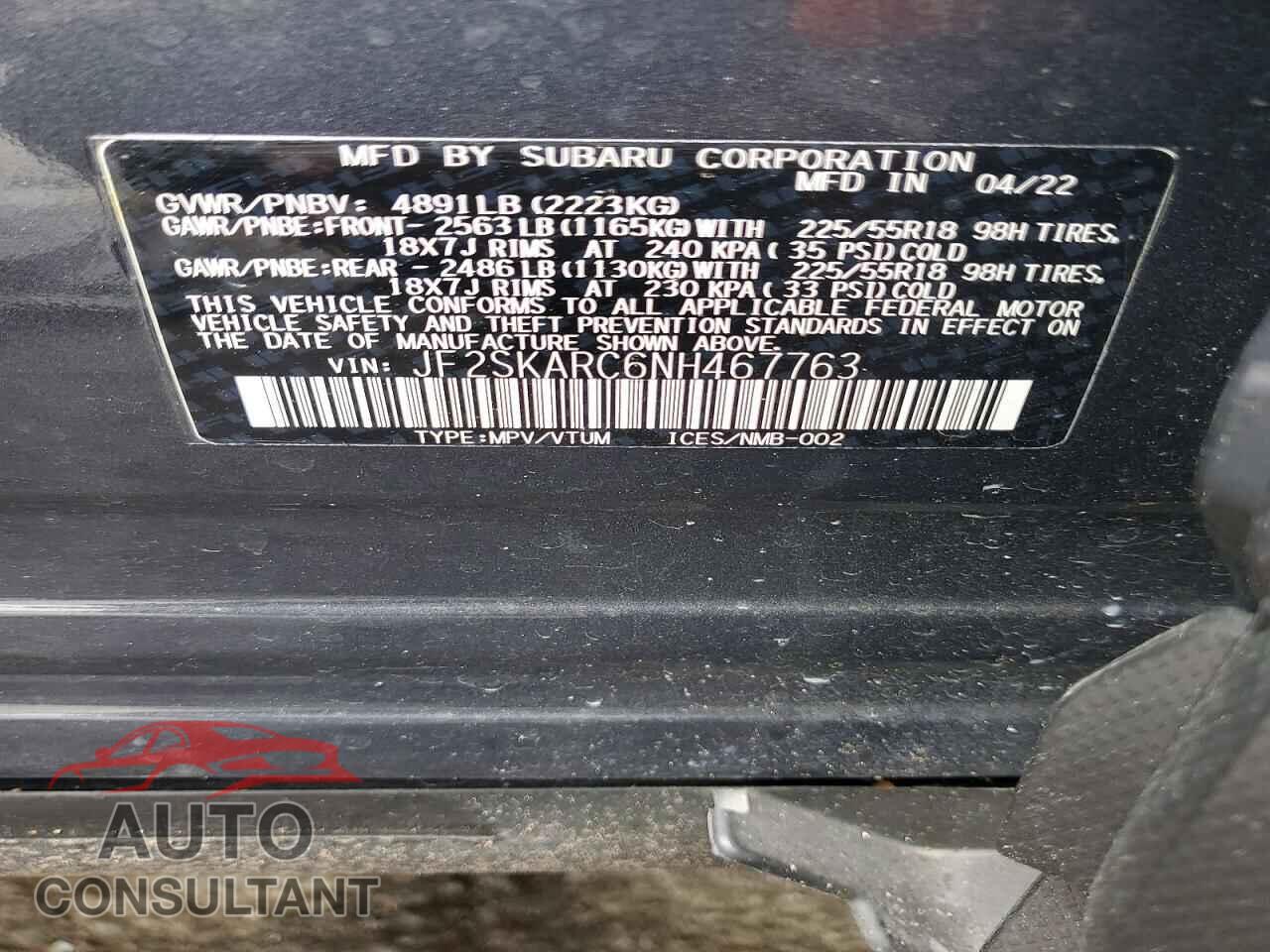 SUBARU FORESTER 2022 - JF2SKARC6NH467763