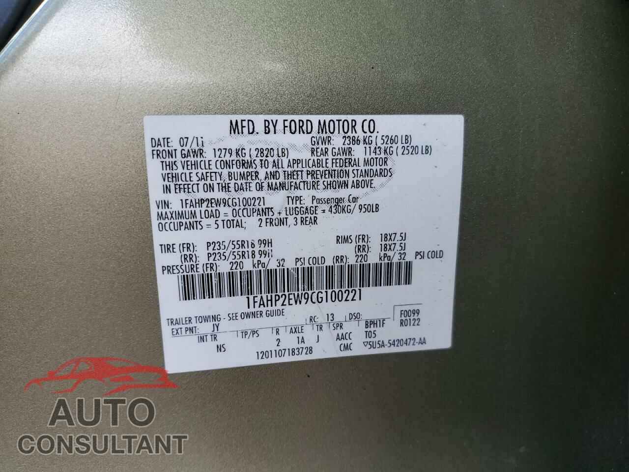 FORD TAURUS 2012 - 1FAHP2EW9CG100221