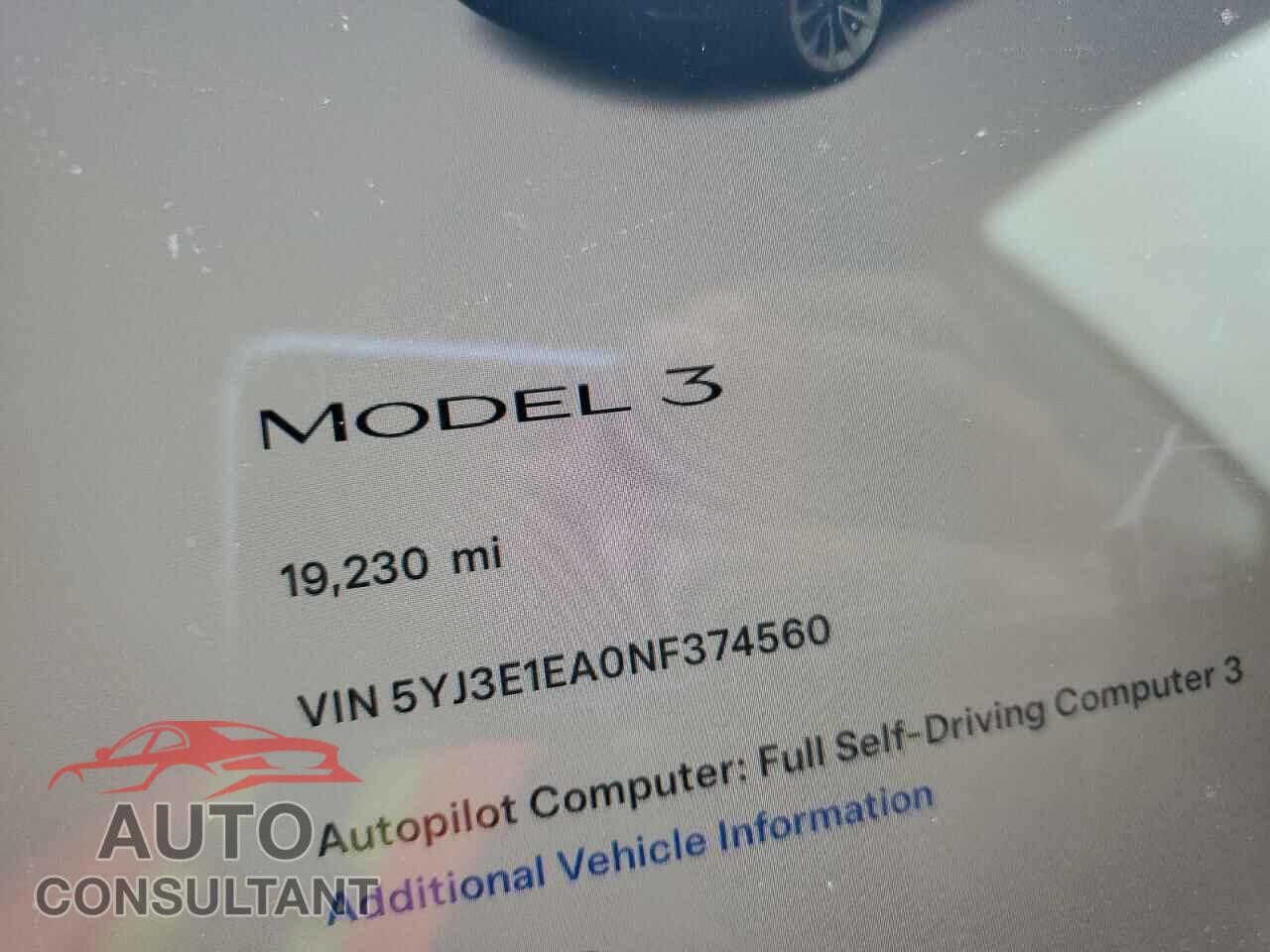TESLA MODEL 3 2022 - 5YJ3E1EA0NF374560