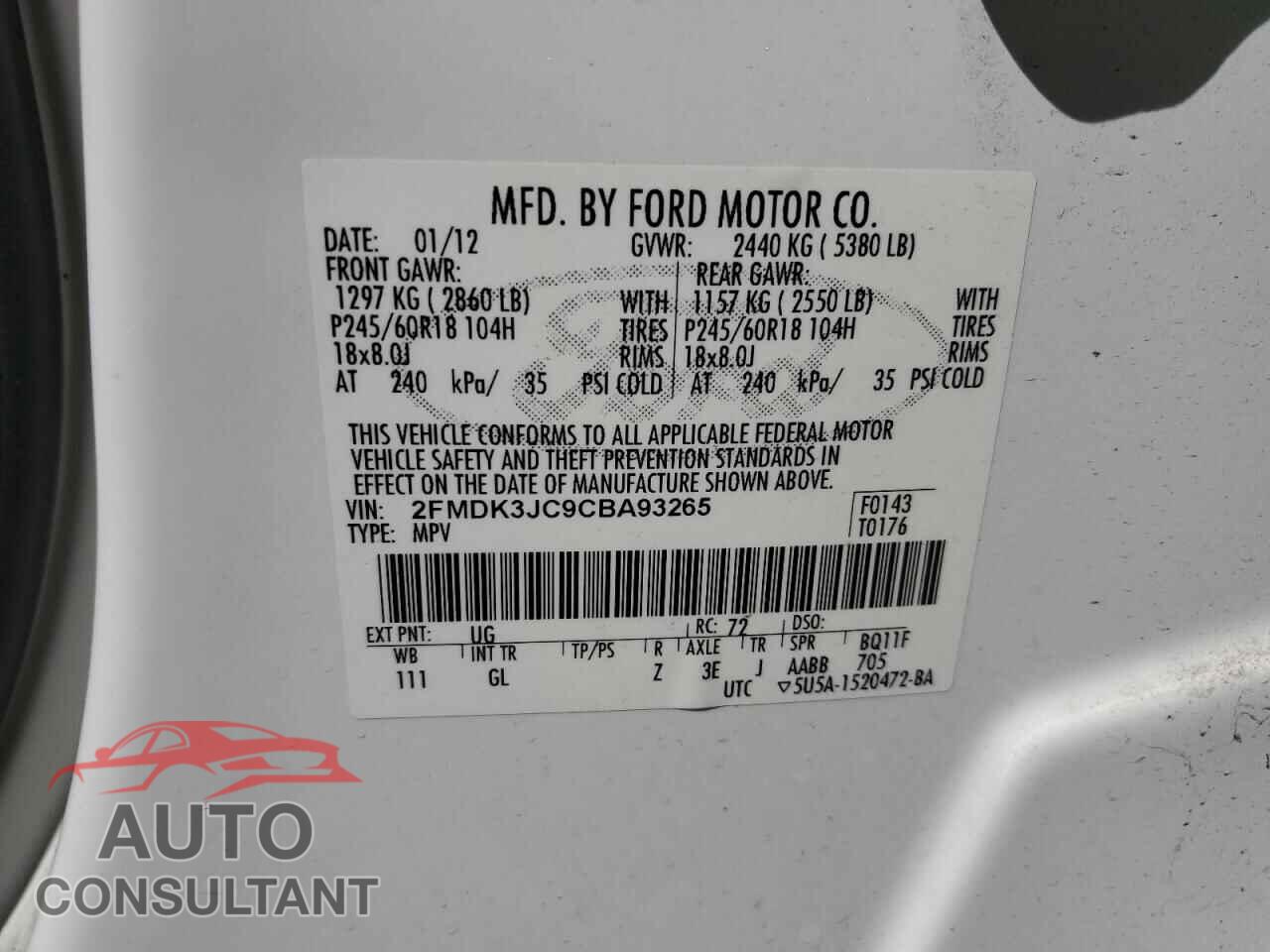 FORD EDGE 2012 - 2FMDK3JC9CBA93265