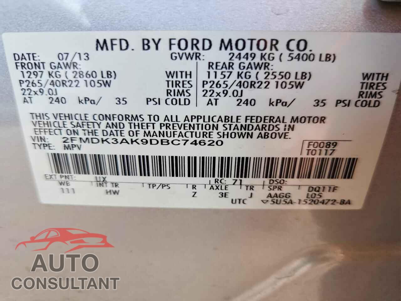 FORD EDGE 2013 - 2FMDK3AK9DBC74620