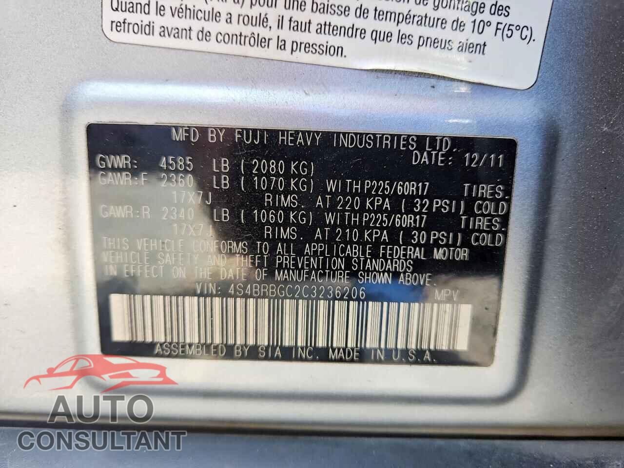 SUBARU OUTBACK 2012 - 4S4BRBGC2C3236206