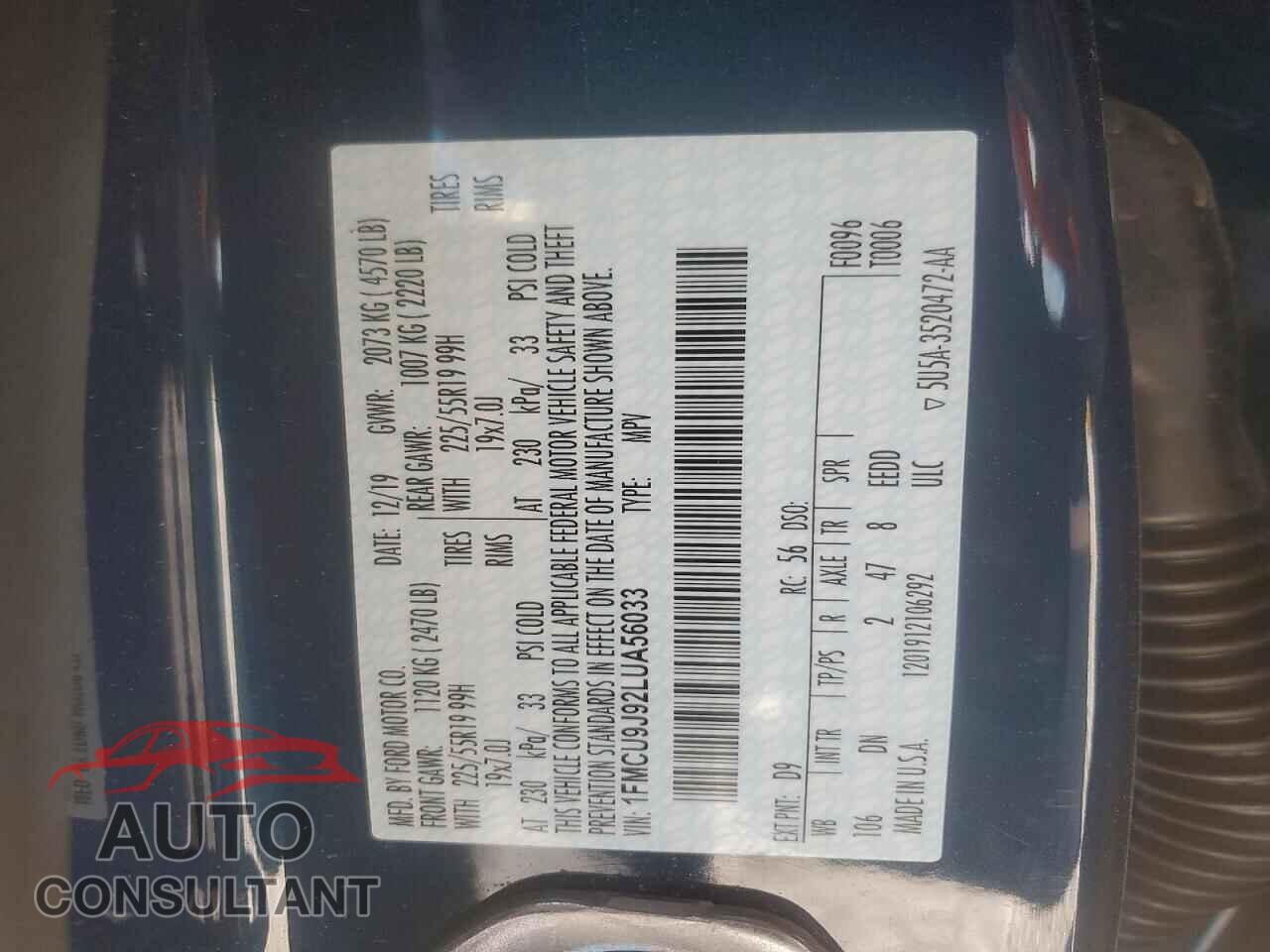 FORD ESCAPE 2020 - 1FMCU9J92LUA56033