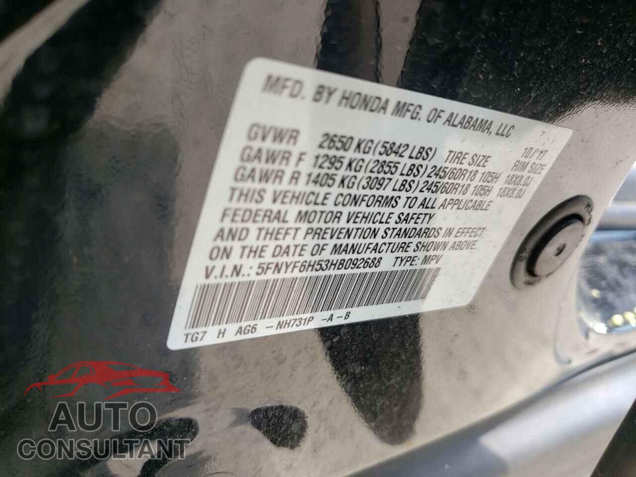 HONDA PILOT 2017 - 5FNYF6H53HB092688
