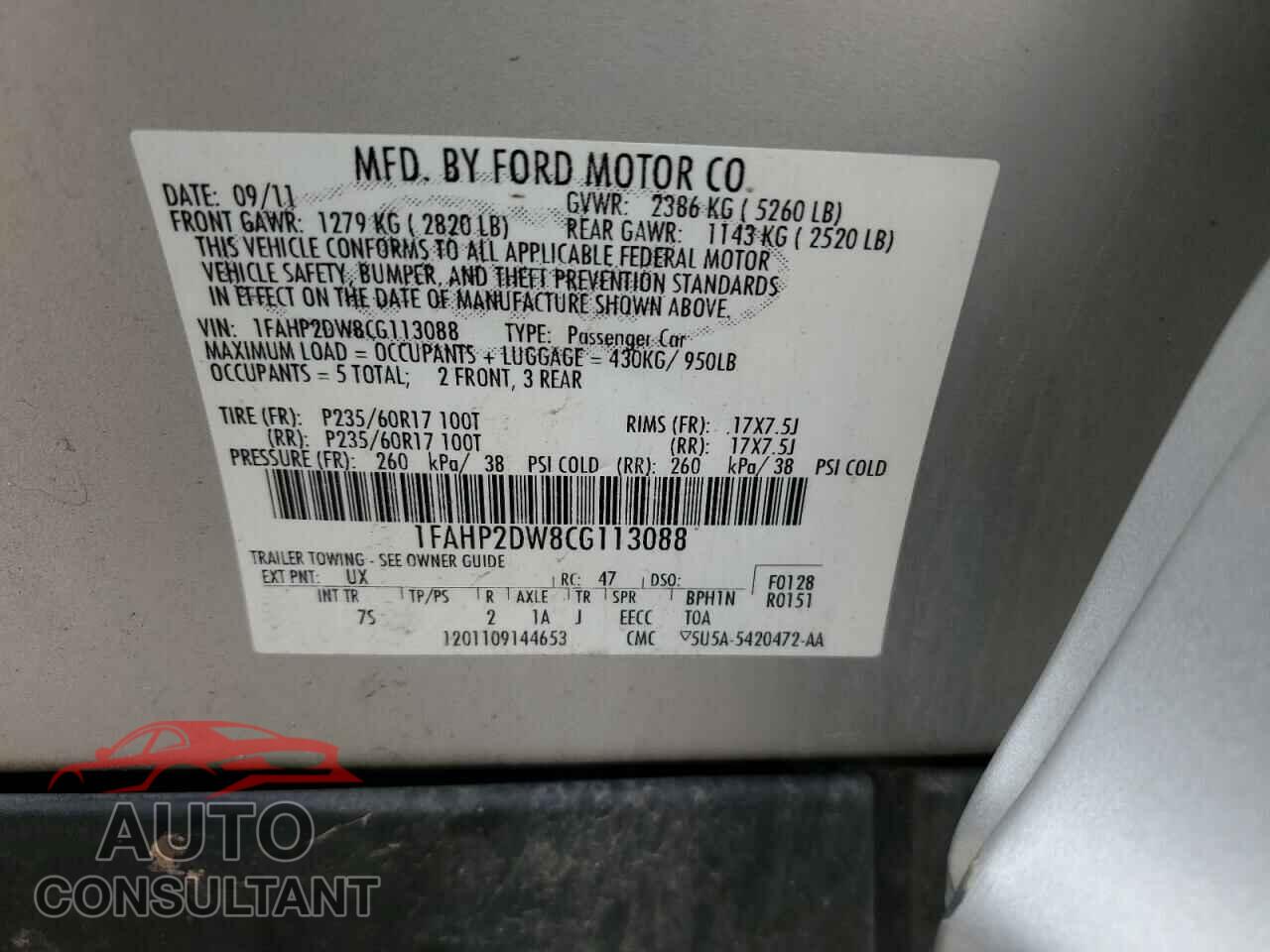 FORD TAURUS 2012 - 1FAHP2DW8CG113088
