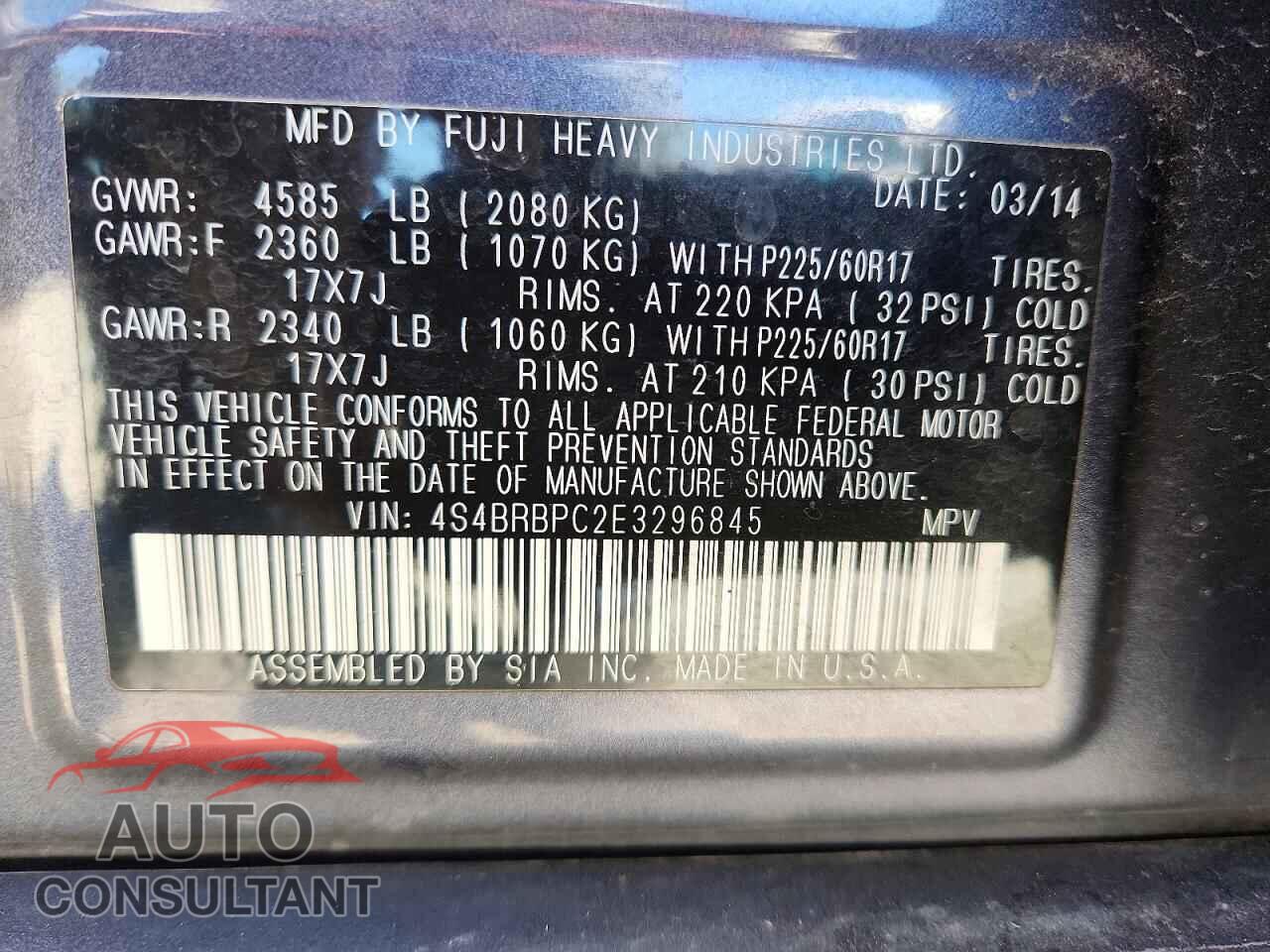 SUBARU OUTBACK 2014 - 4S4BRBPC2E3296845