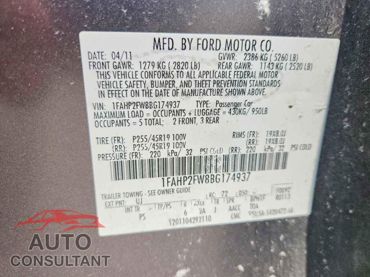 FORD TAURUS 2011 - 1FAHP2FW8BG174937