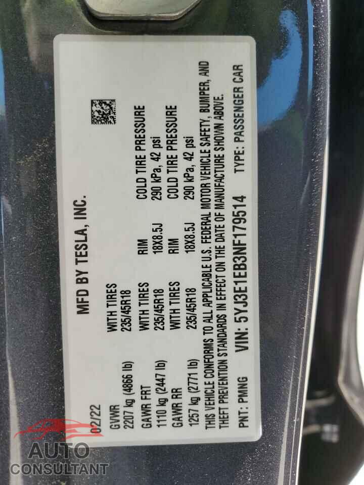 TESLA MODEL 3 2022 - 5YJ3E1EB3NF179514