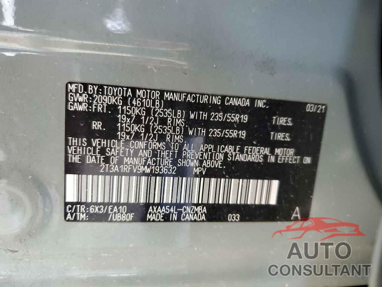TOYOTA RAV4 2021 - 2T3A1RFV9MW193632