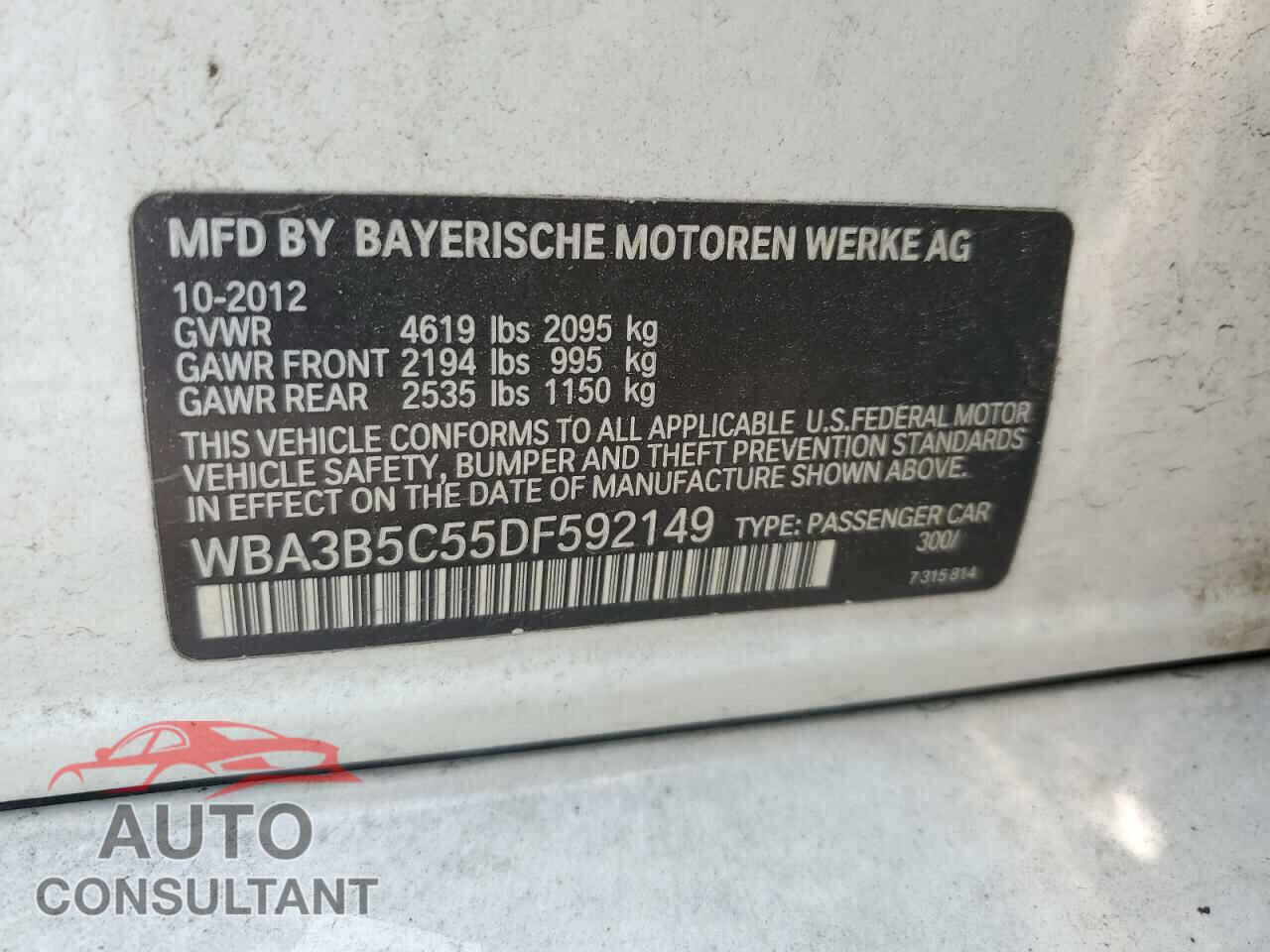 BMW 3 SERIES 2013 - WBA3B5C55DF592149