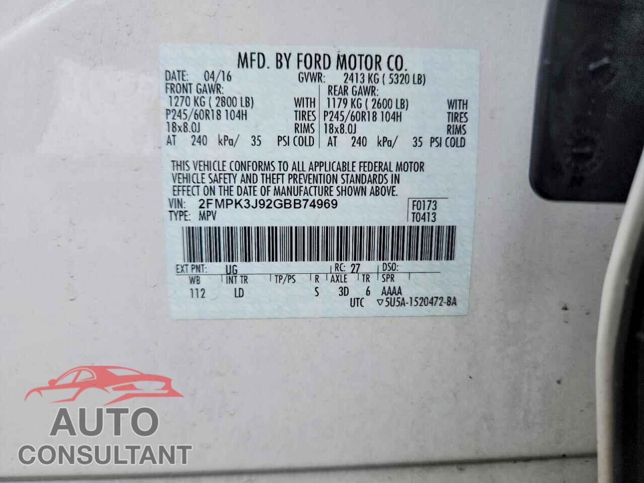 FORD EDGE 2016 - 2FMPK3J92GBB74969