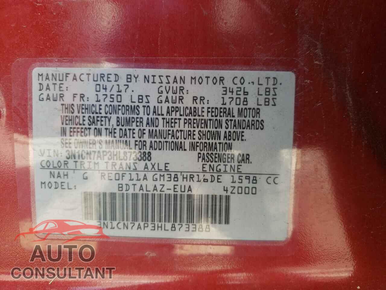NISSAN VERSA 2017 - 3N1CN7AP3HL873388