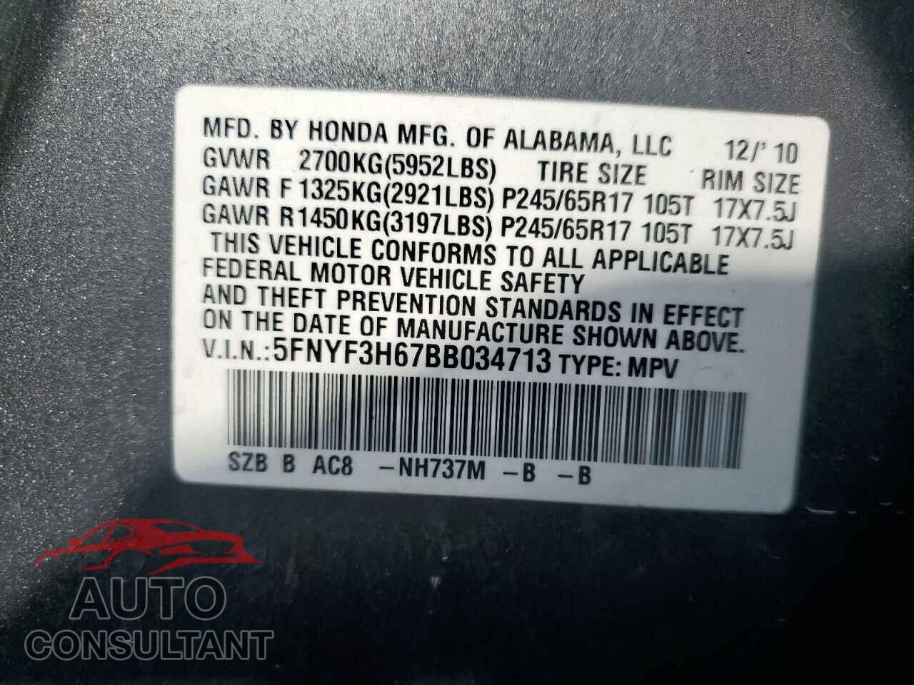 HONDA PILOT 2011 - 5FNYF3H67BB034713