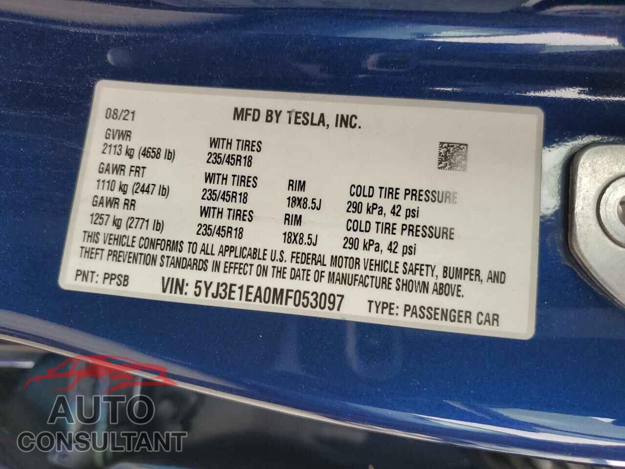 TESLA MODEL 3 2021 - 5YJ3E1EA0MF053097