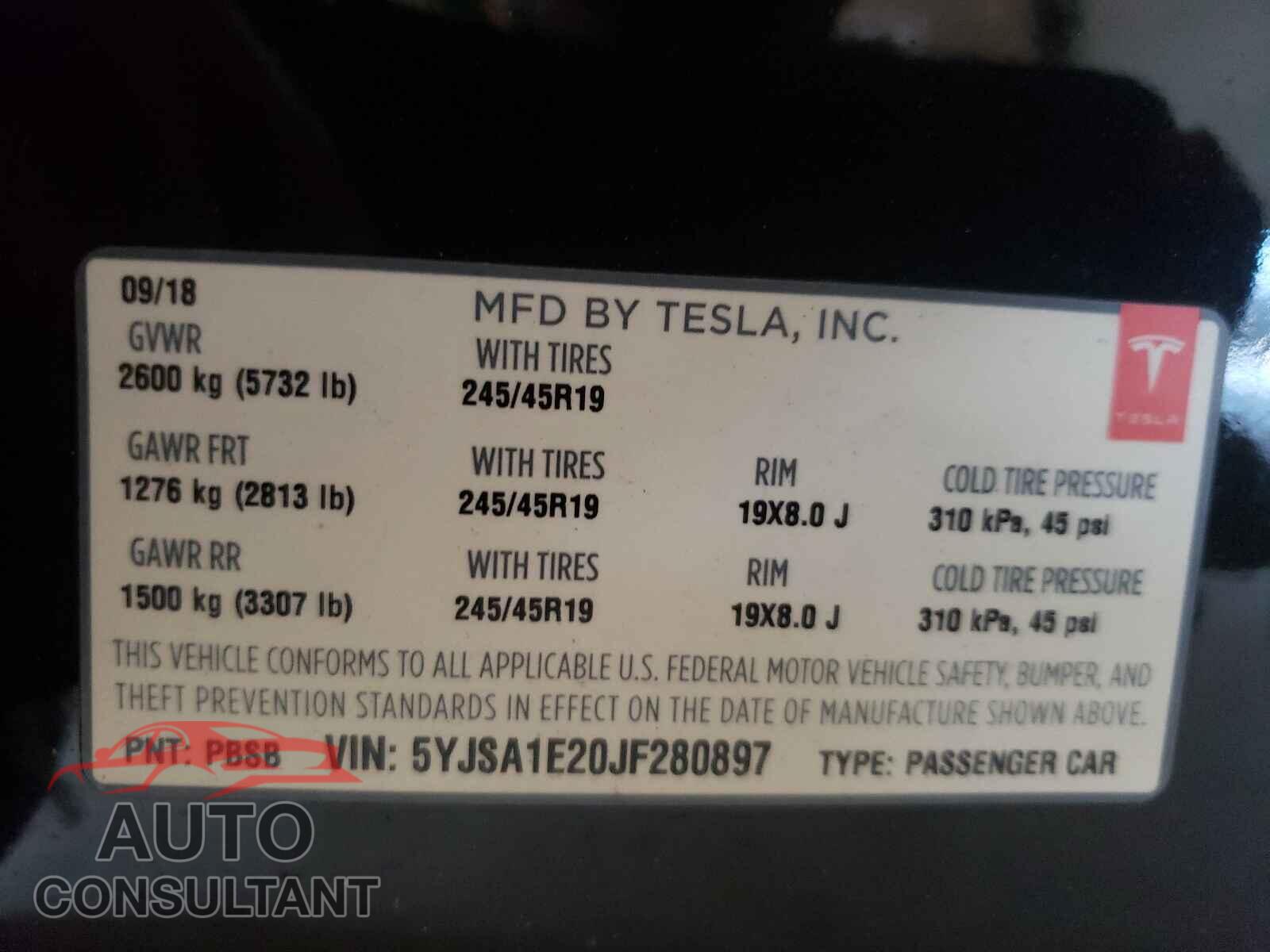 TESLA MODEL S 2018 - 5YJSA1E20JF280897