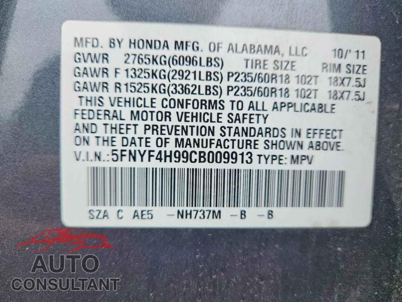HONDA PILOT 2012 - 5FNYF4H99CB009913