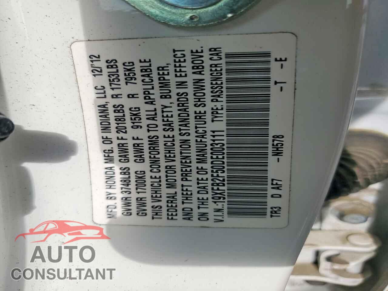 HONDA CIVIC 2013 - 19XFB2F50DE003111