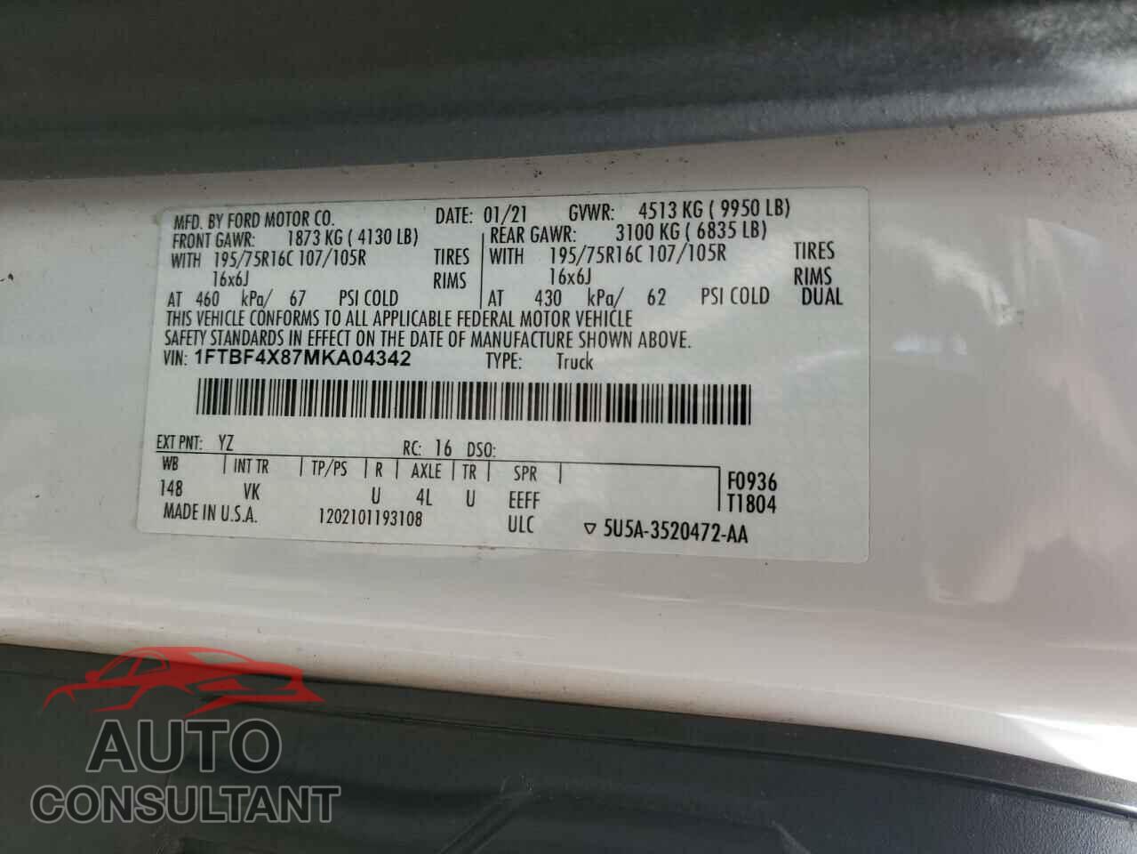 FORD TRANSIT 2021 - 1FTBF4X87MKA04342