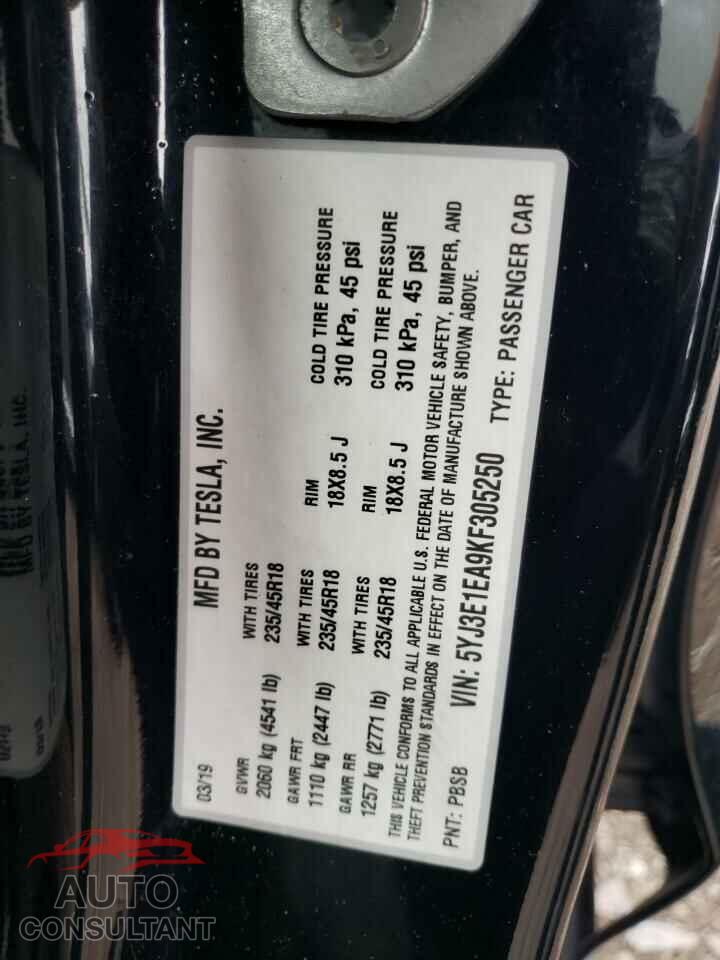 TESLA MODEL 3 2019 - 5YJ3E1EA9KF305250