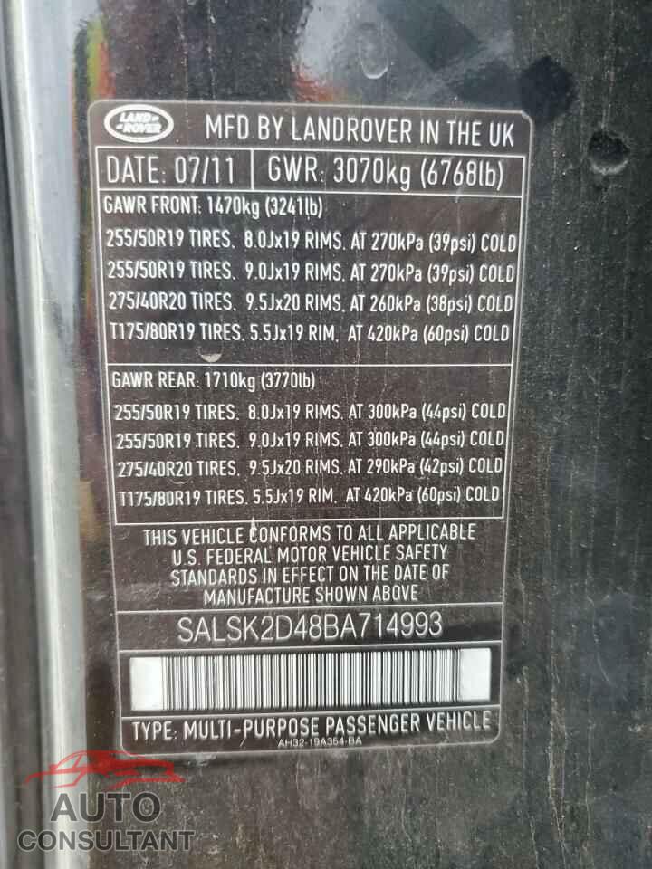 LAND ROVER RANGEROVER 2011 - SALSK2D48BA714993