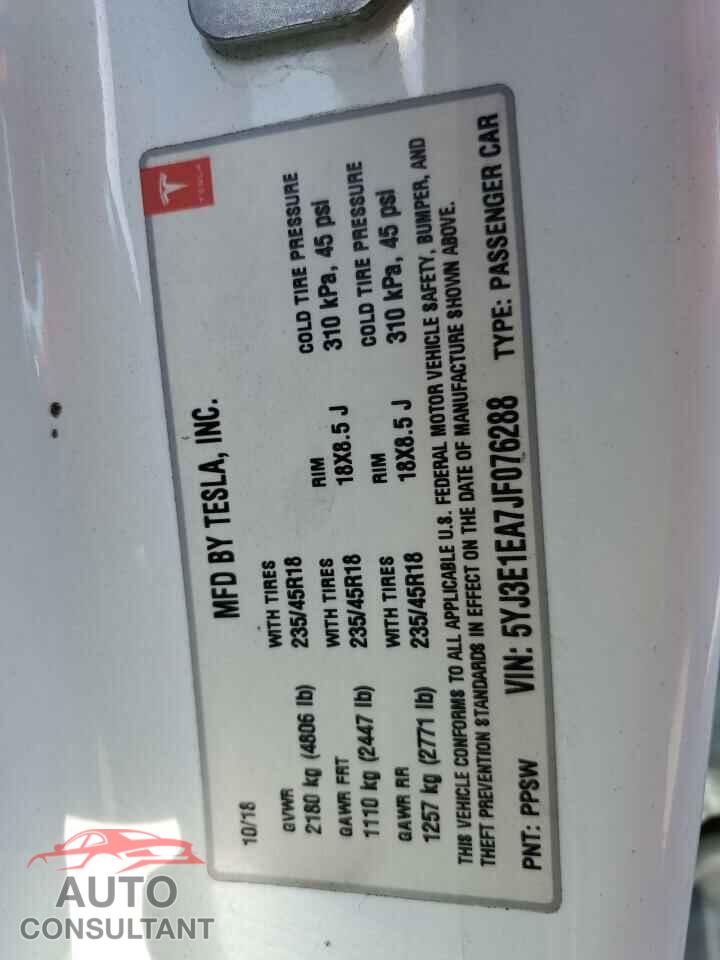 TESLA MODEL 3 2018 - 5YJ3E1EA7JF076288