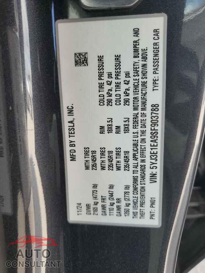 TESLA MODEL 3 2025 - 5YJ3E1EA9SF903788
