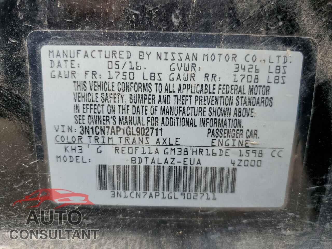 NISSAN VERSA 2016 - 3N1CN7AP1GL902711