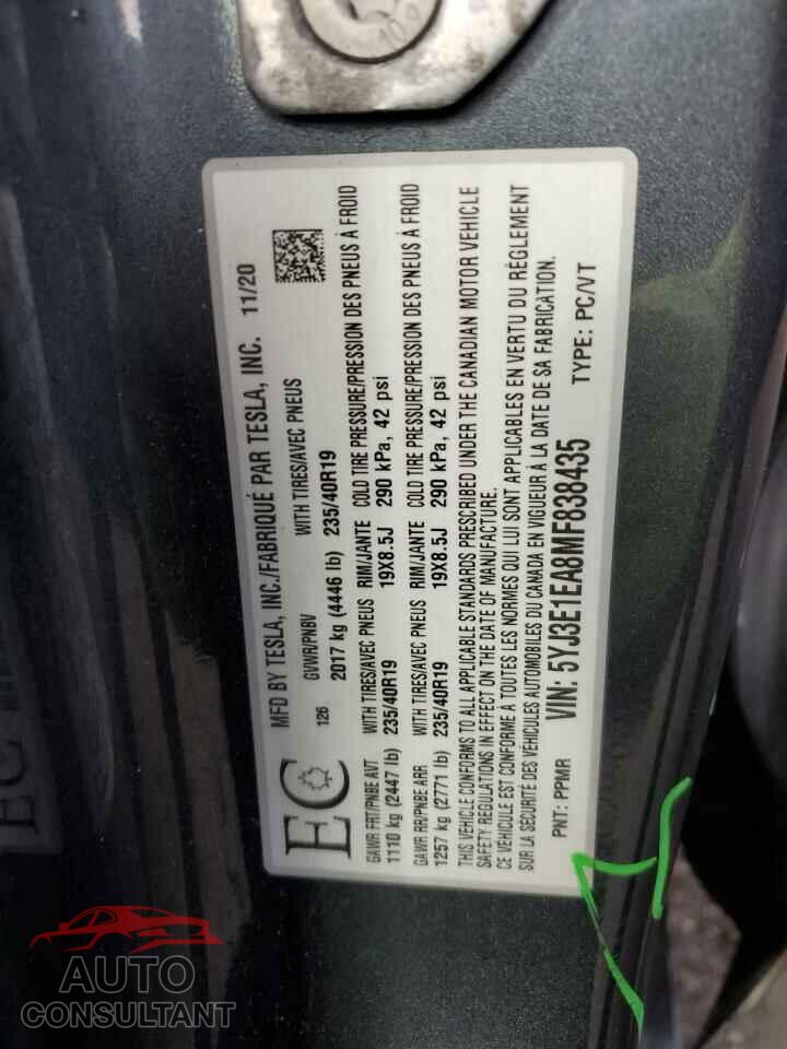 TESLA MODEL 3 2021 - 5YJ3E1EA6MF838465