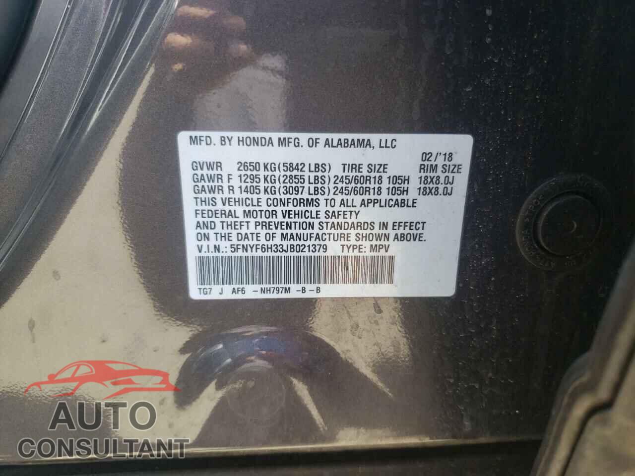 HONDA PILOT 2018 - 5FNYF6H33JB021379