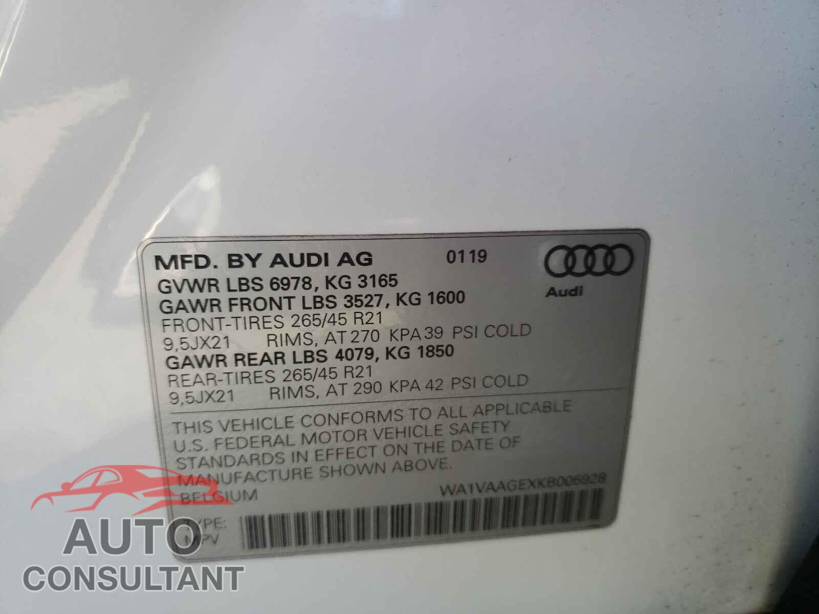 AUDI E-TRON 2019 - WA1VAAGEXKB005928