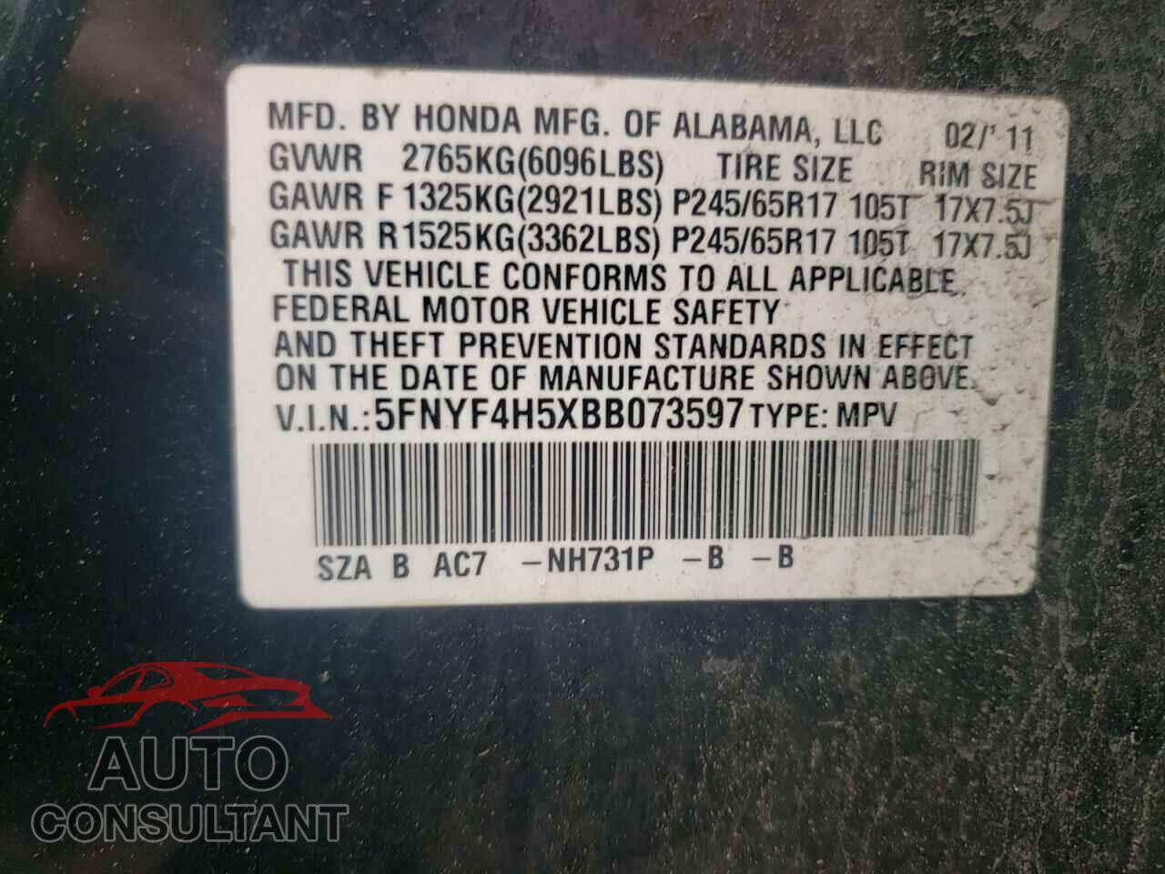 HONDA PILOT 2011 - 5FNYF4H5XBB073597