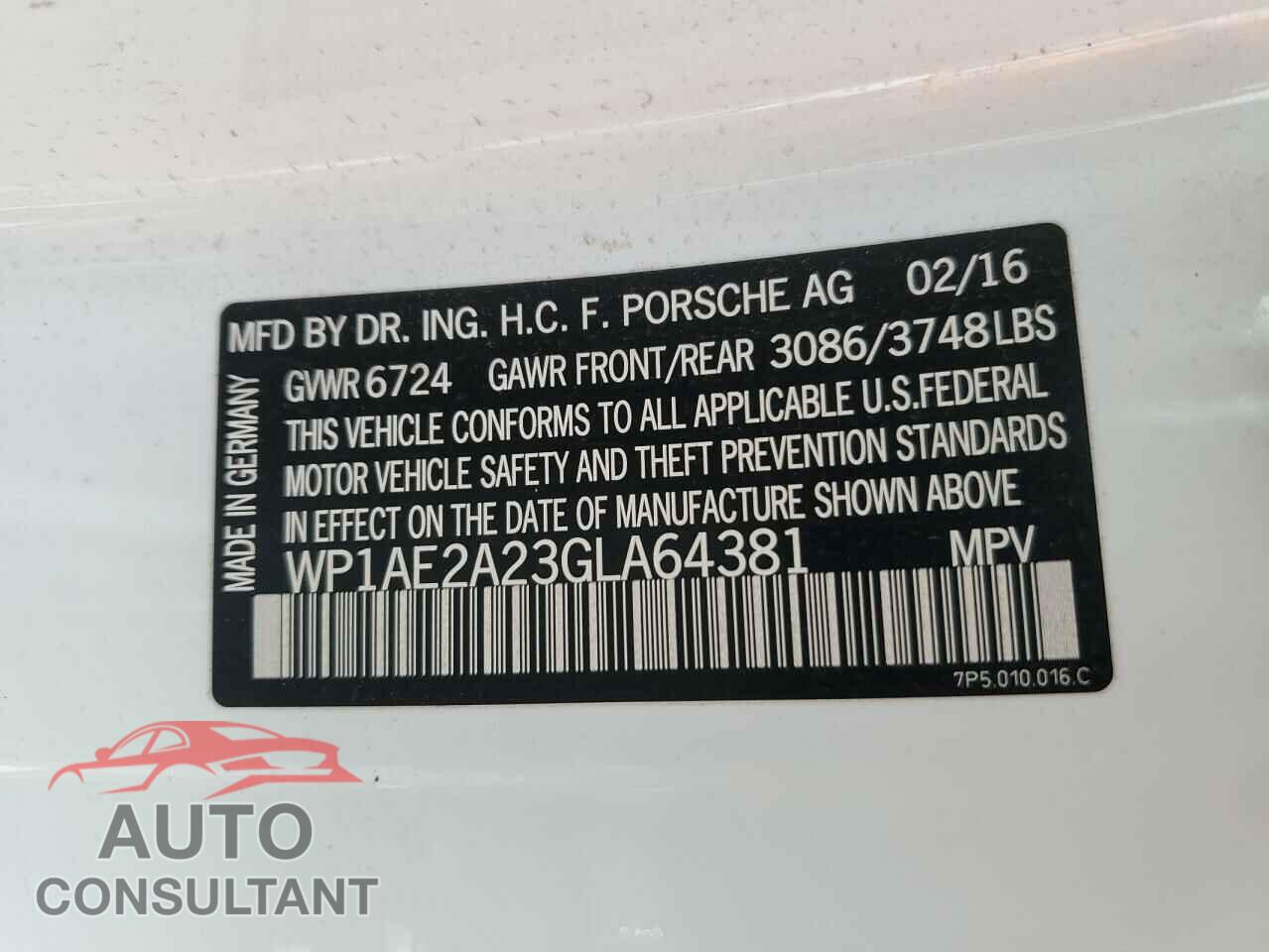 PORSCHE CAYENNE 2016 - WP1AE2A23GLA64381