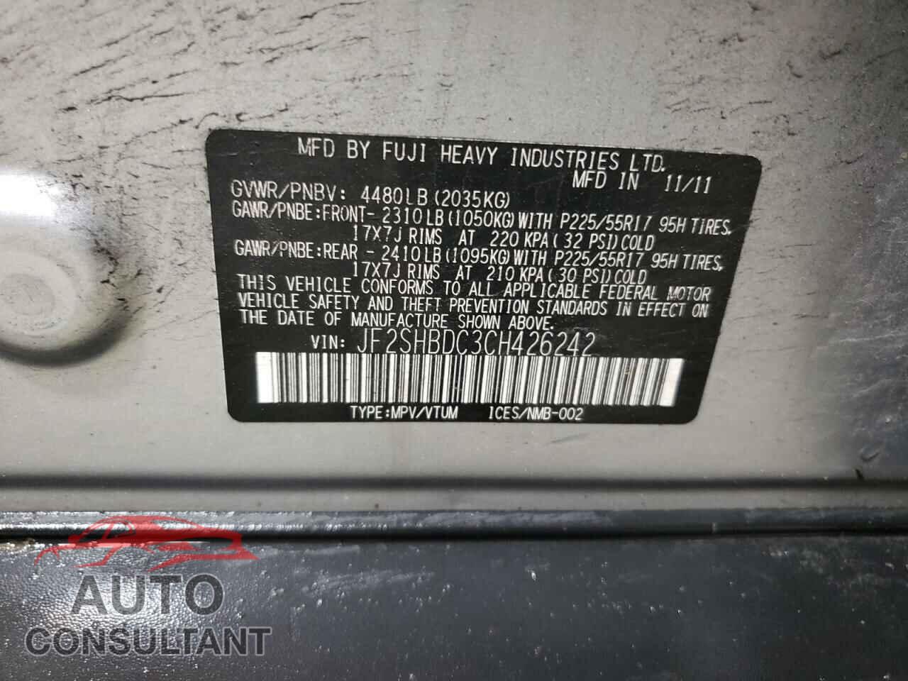SUBARU FORESTER 2012 - JF2SHBDC3CH426242