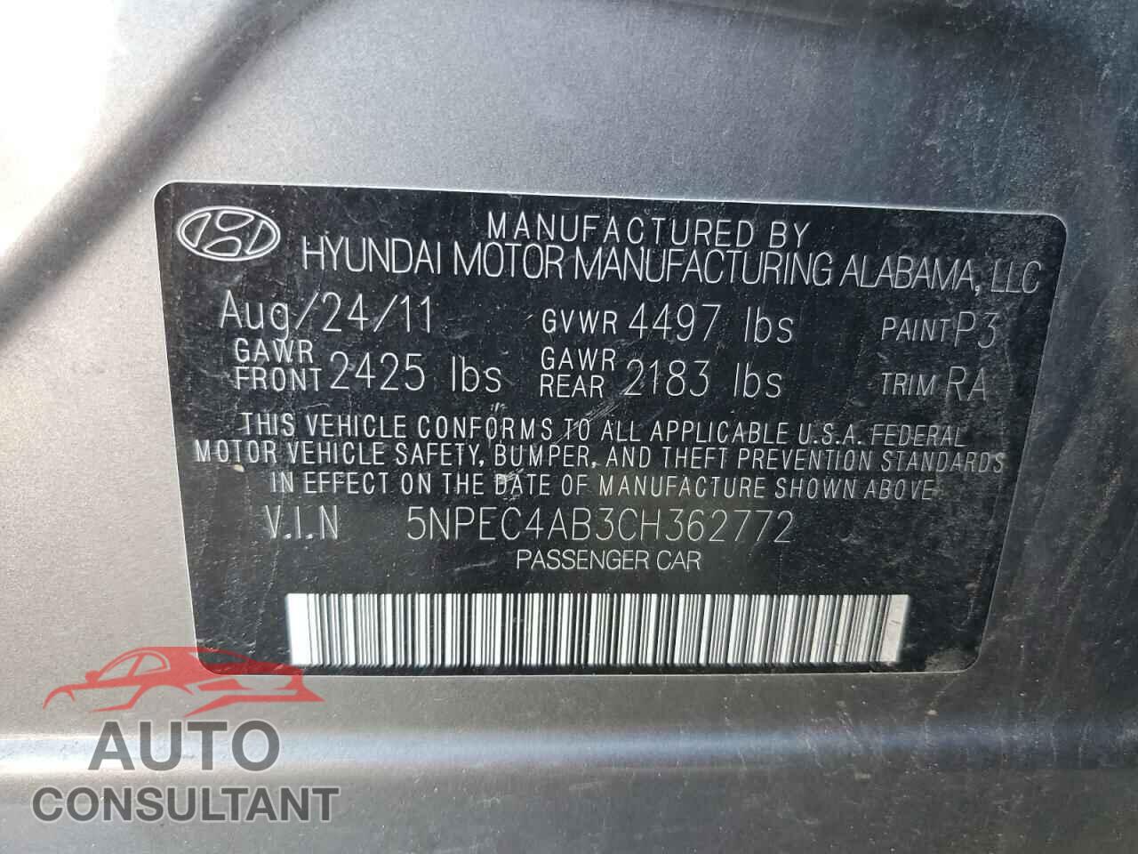 HYUNDAI SONATA 2012 - 5NPEC4AB3CH362772