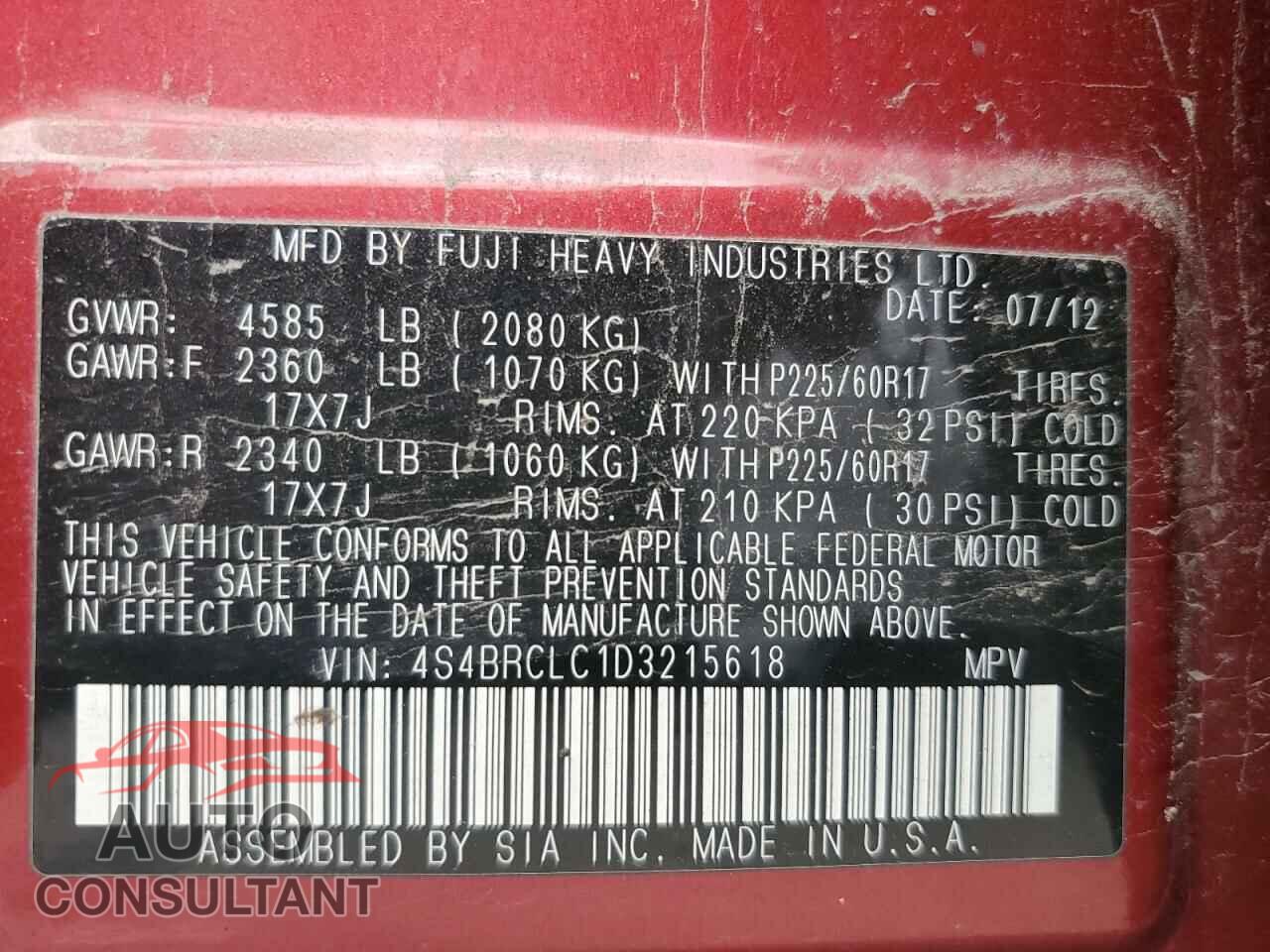SUBARU OUTBACK 2013 - 4S4BRCLC1D3215618