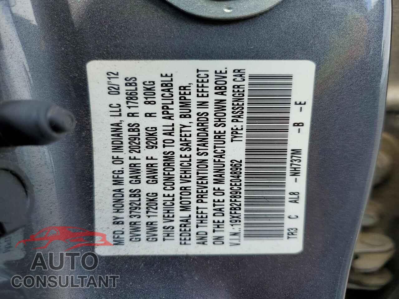 HONDA CIVIC 2012 - 19XFB2F89CE048962