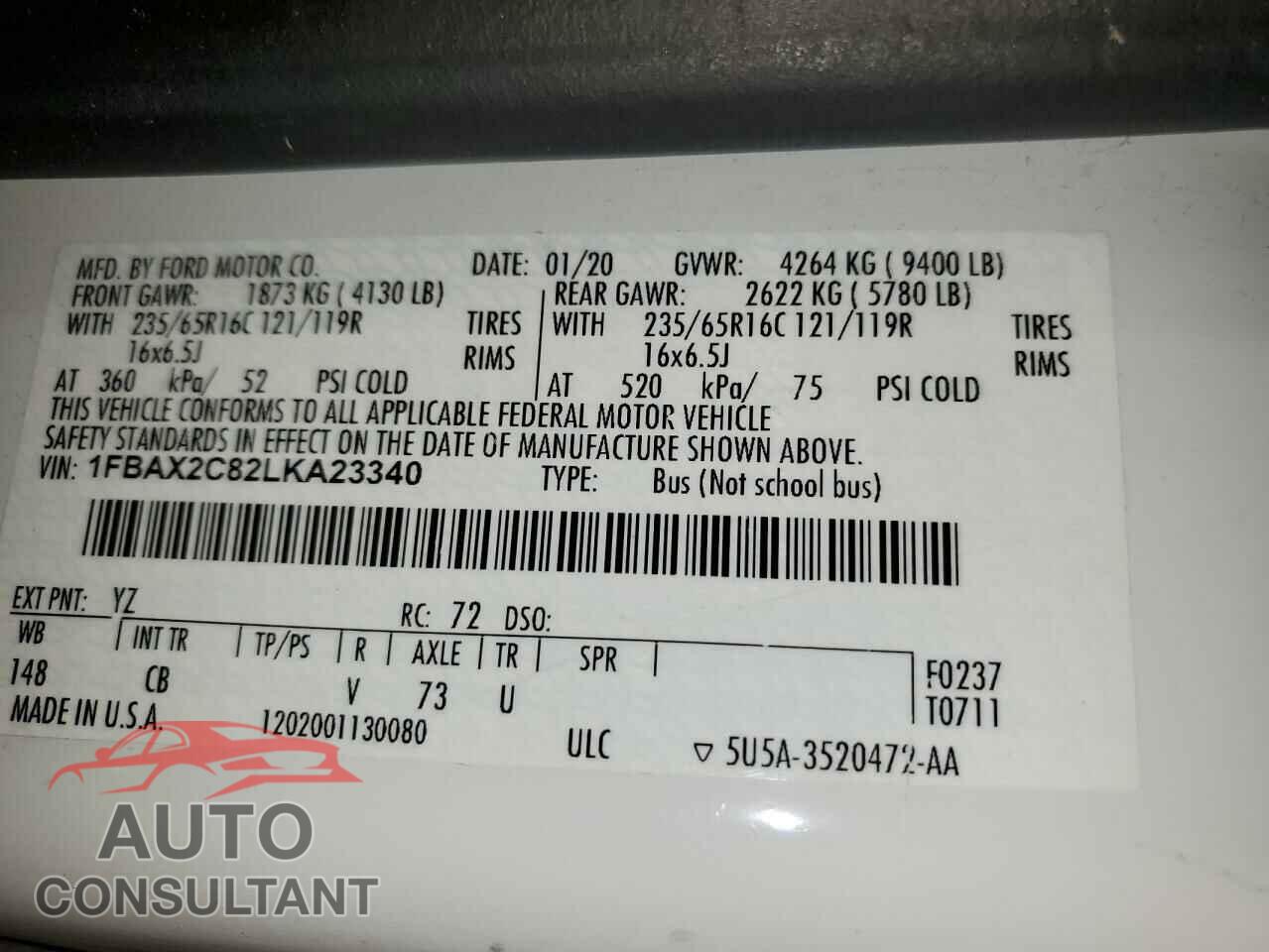 FORD TRANSIT 2020 - 1FBAX2C82LKA23340