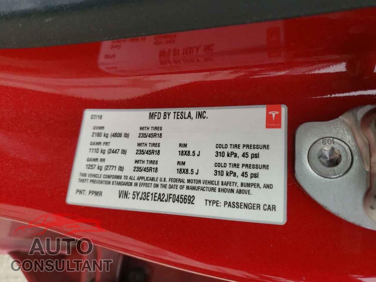 TESLA MODEL 3 2018 - 5YJ3E1EA2JF045692