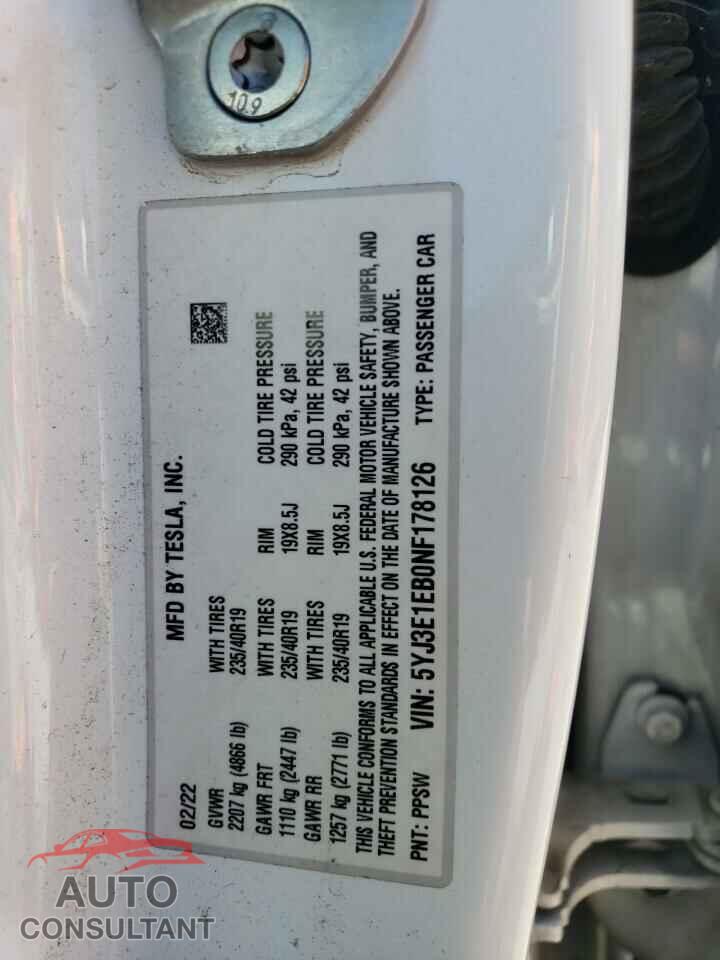 TESLA MODEL 3 2022 - 5YJ3E1EB0NF178126