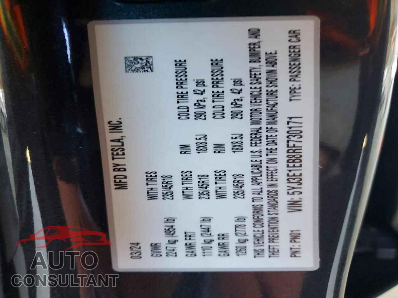 TESLA MODEL 3 2024 - 5YJ3E1EB8RF730171