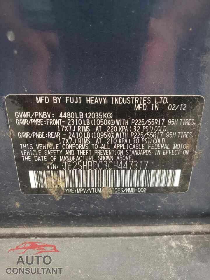 SUBARU FORESTER 2012 - JF2SHBDC3CH447317