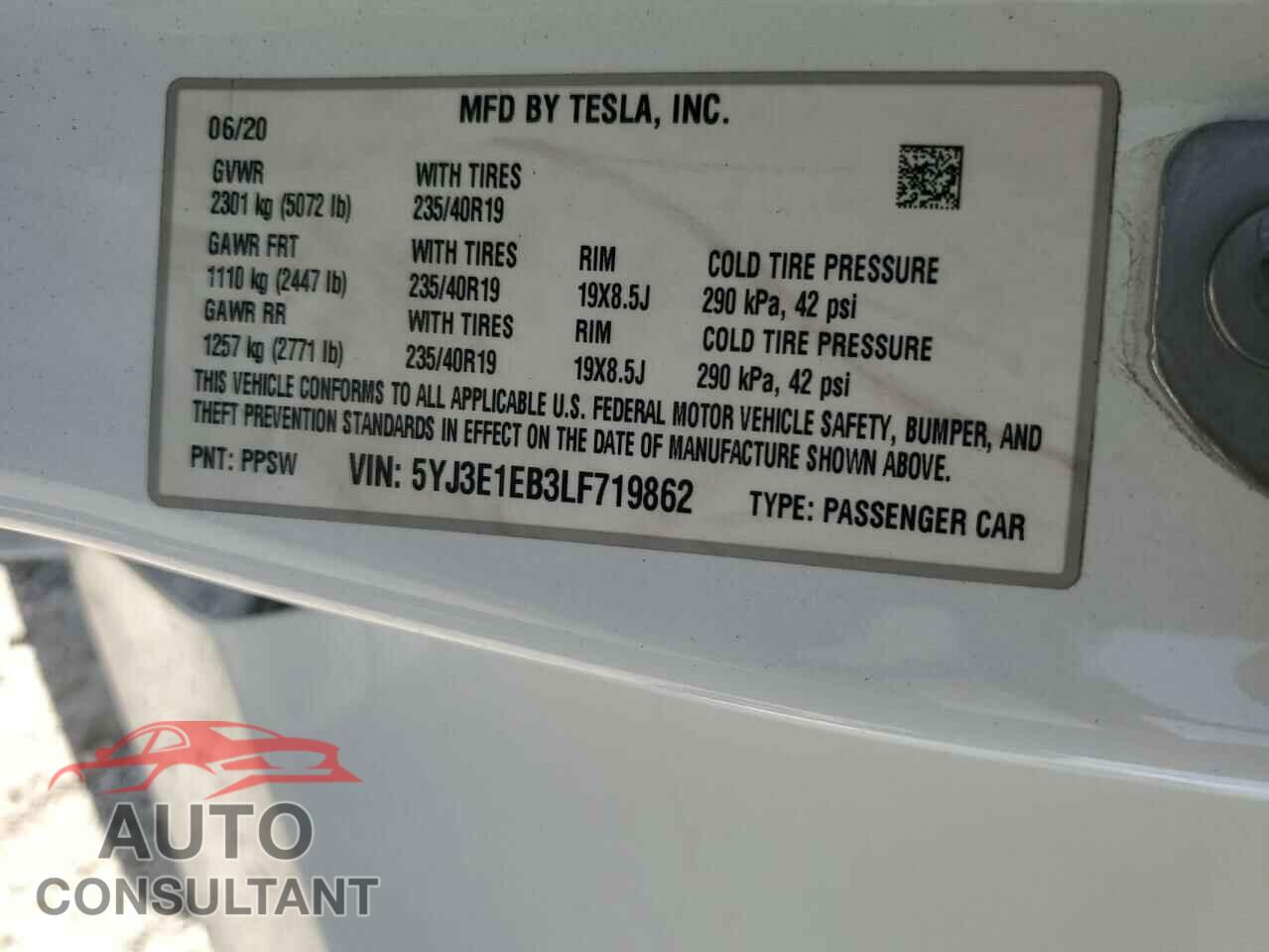 TESLA MODEL 3 2020 - 5YJ3E1EB3LF719862