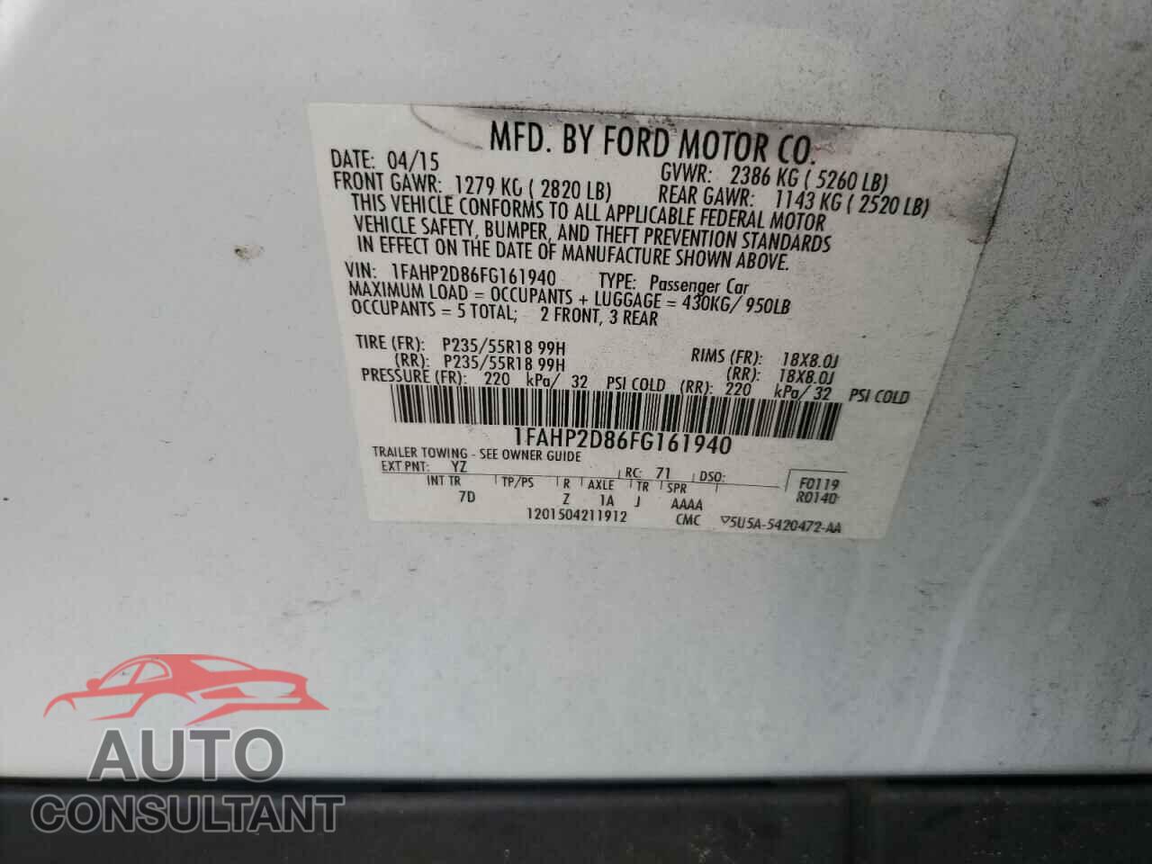 FORD TAURUS 2015 - 1FAHP2D86FG161940