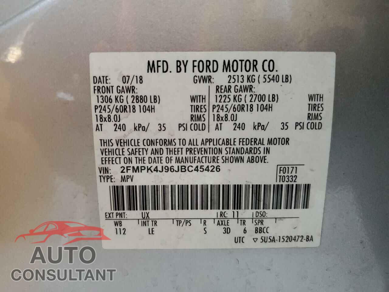FORD EDGE 2018 - 2FMPK4J96JBC45426