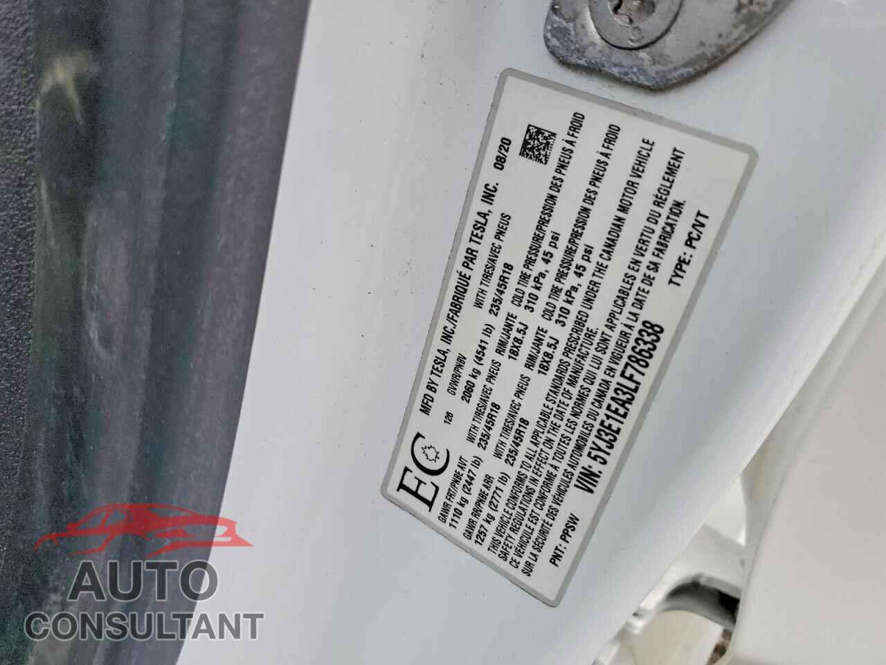 TESLA MODEL 3 2020 - 5YJ3E1EA3LF786338